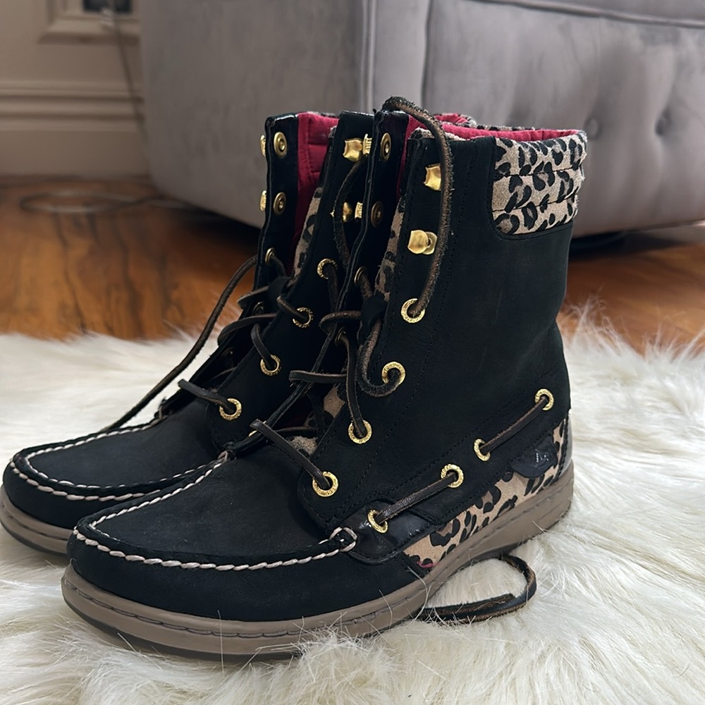 SPERRY Hikerfish Black Leopard Boots Cheetah Print 7.5
